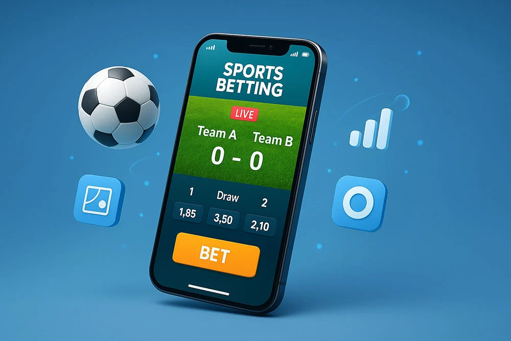Smartphone met tennis live betting app en tennisracket