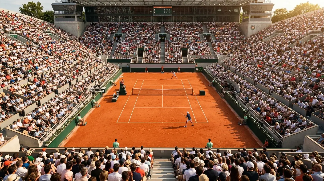 Iconisch tennistoernooi met gevulde tribunes en gravel ondergrond