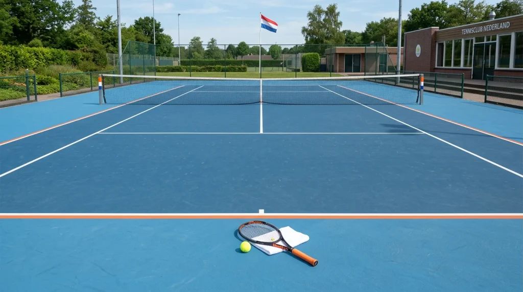 Nederlandse vlag met tennisracket op baan