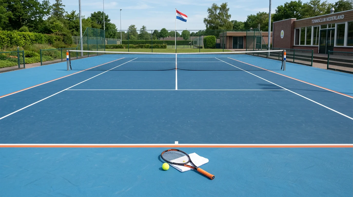 Nederlandse vlag met tennisracket op baan