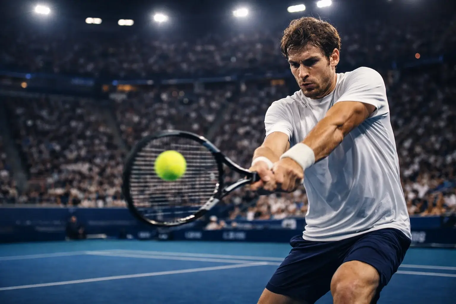 Tennisser slaat backhand return met volle tribunes op achtergrond