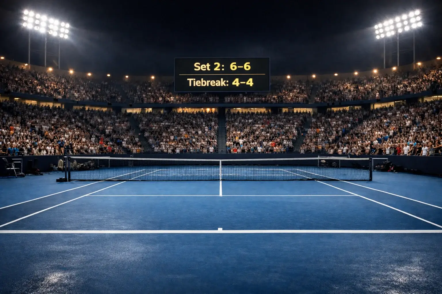 Tenniswedstrijd in actie op stadion met toeschouwers