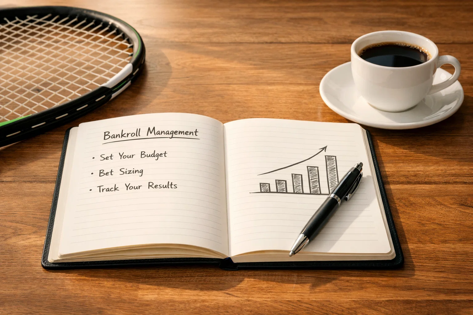 Notitieboek met planning en tennisracket op tafel