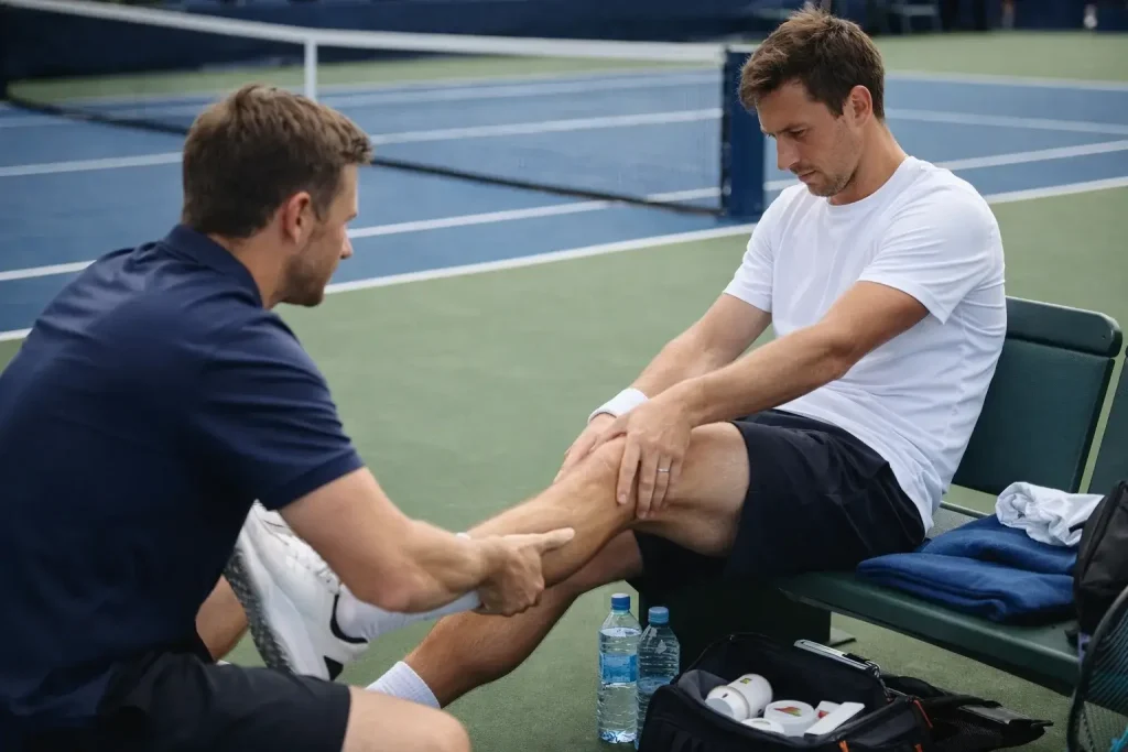 Tennisser rekt spieren tijdens pauze