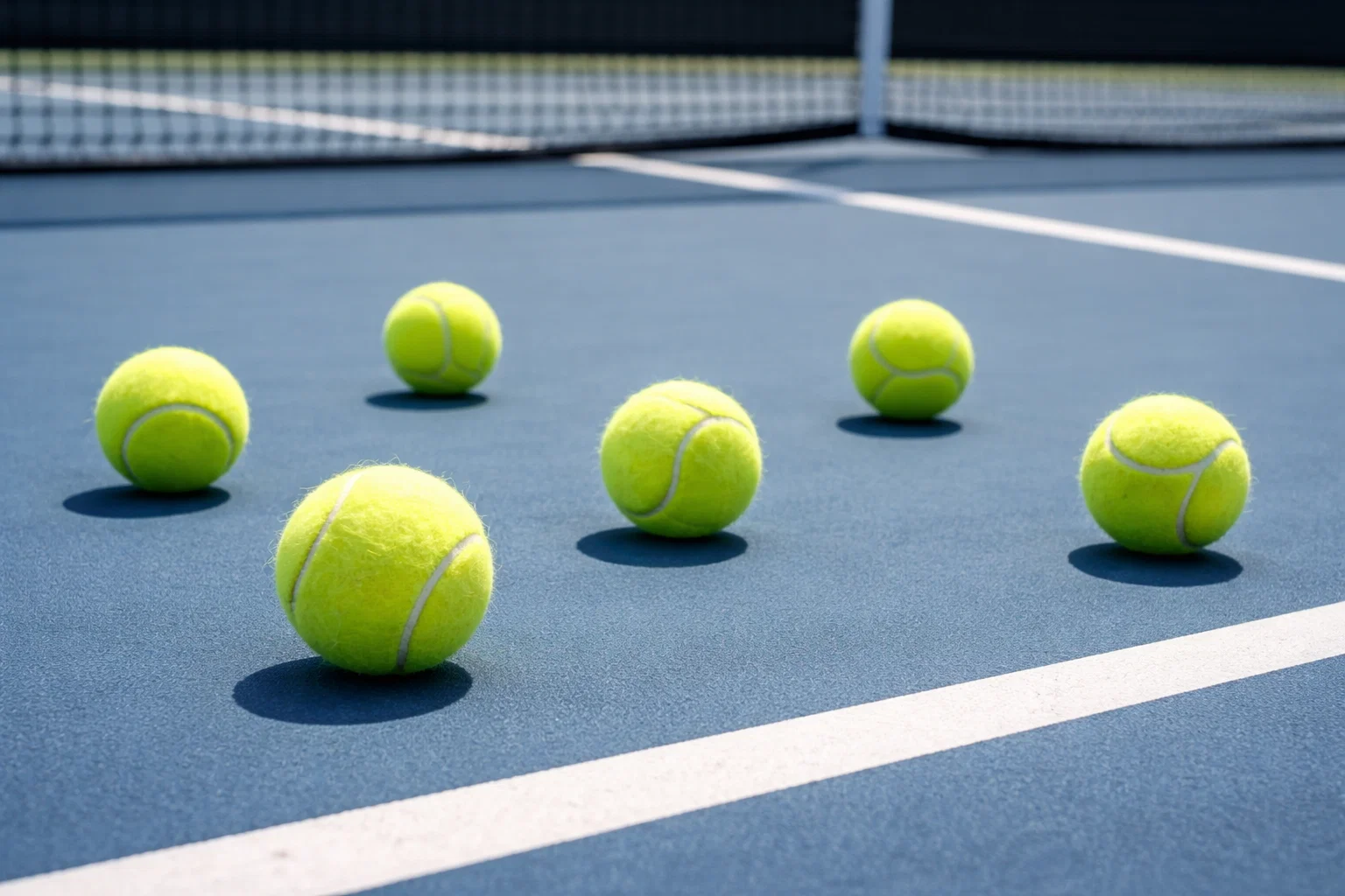 Meerdere tennisballen op hardcourt naast net