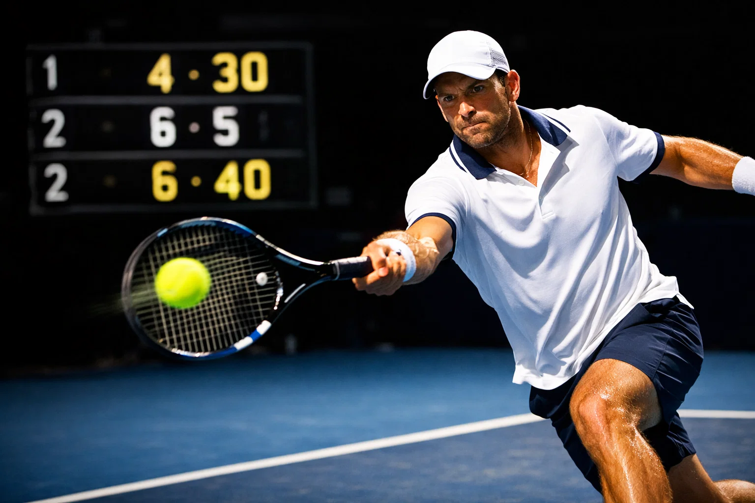 Tennisser slaat forehand op hardcourt met scorebord