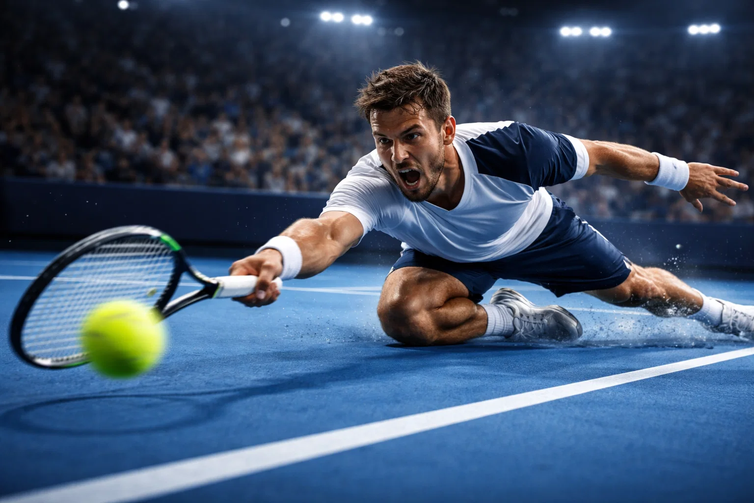 Tennisser tijdens intense rally op hardcourt