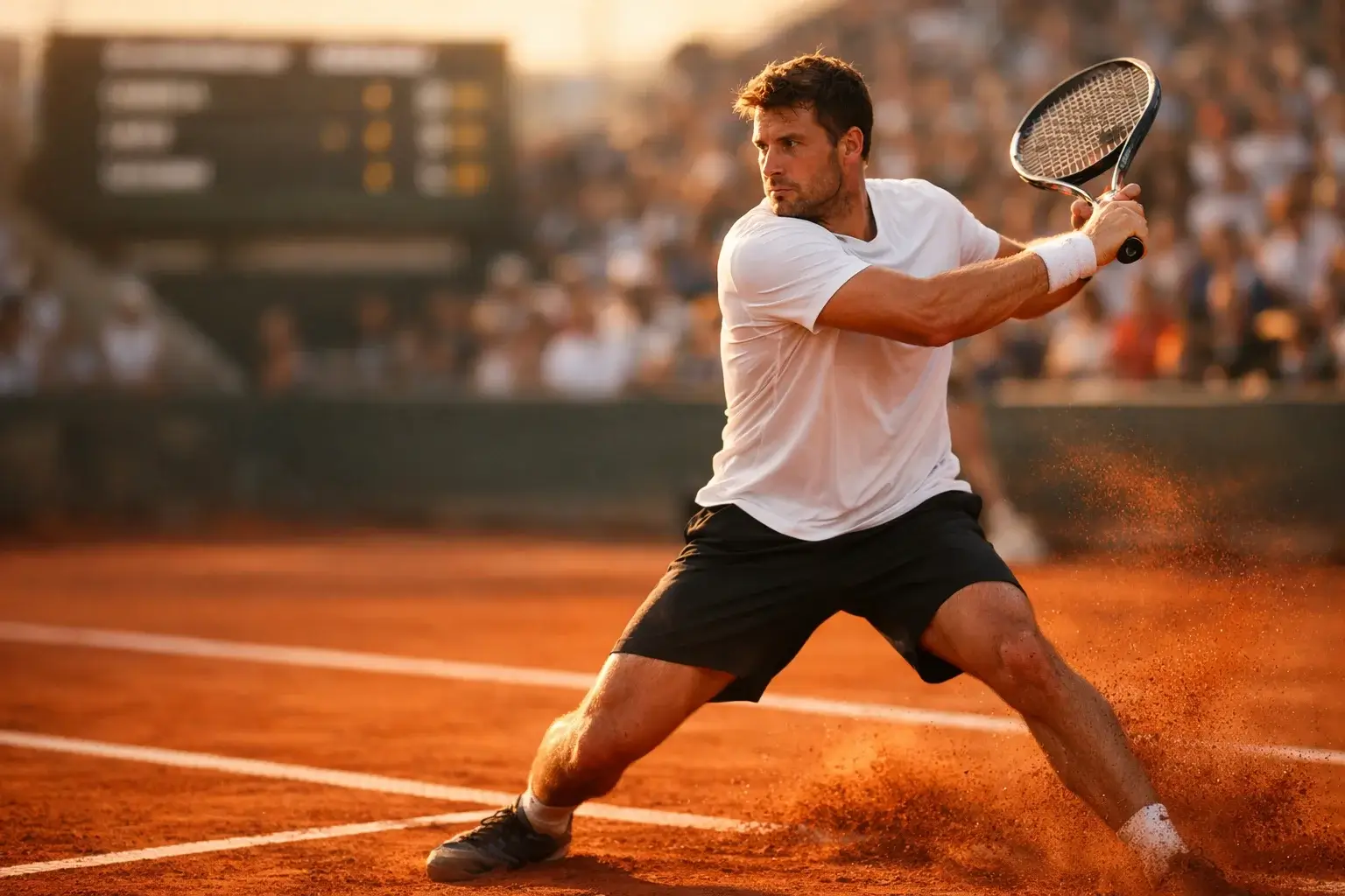 Tennisspeler bereidt forehand voor op gravelbaan met scorebord op achtergrond