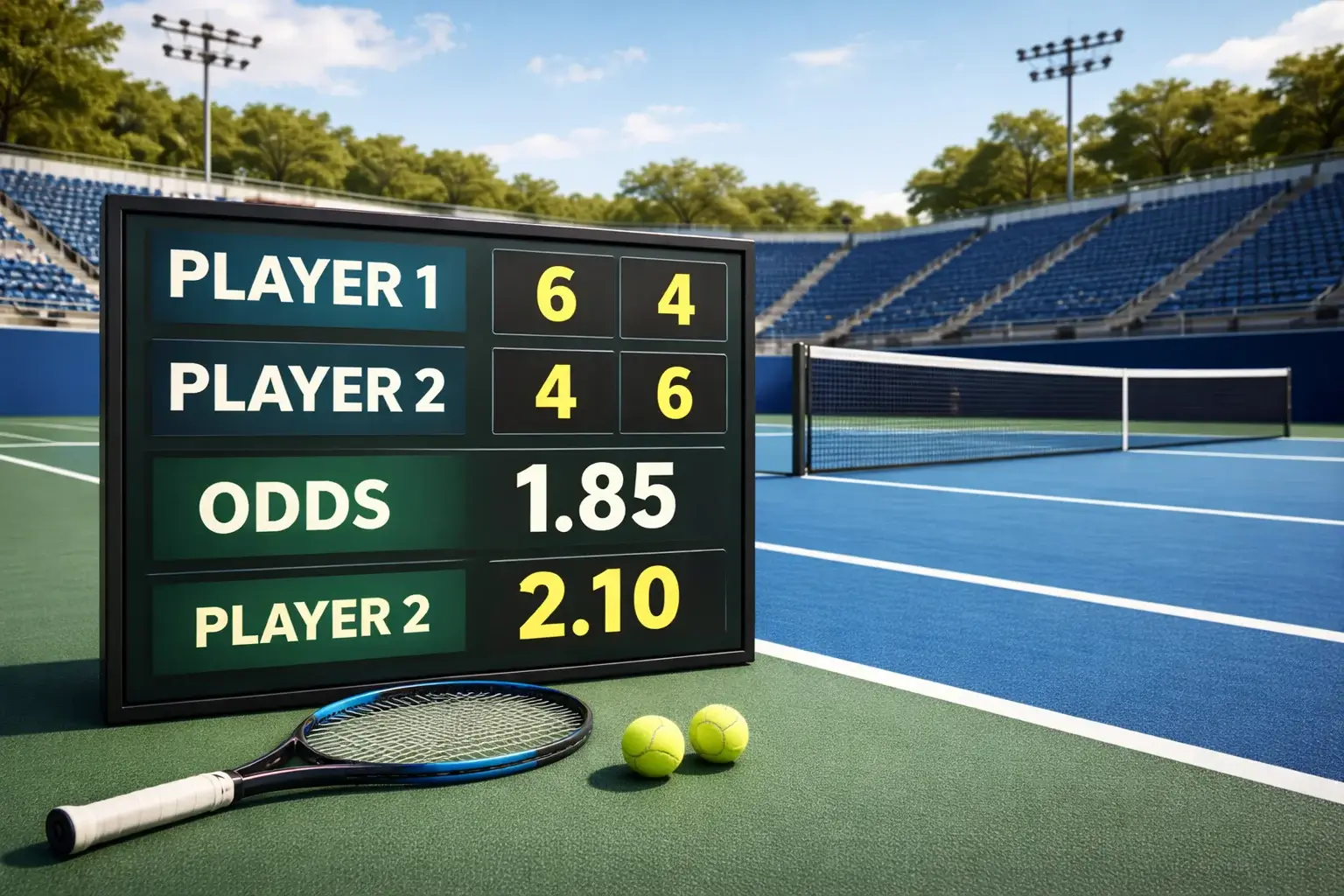 Tennisbaan met digitaal scorebord dat odds weergeeft