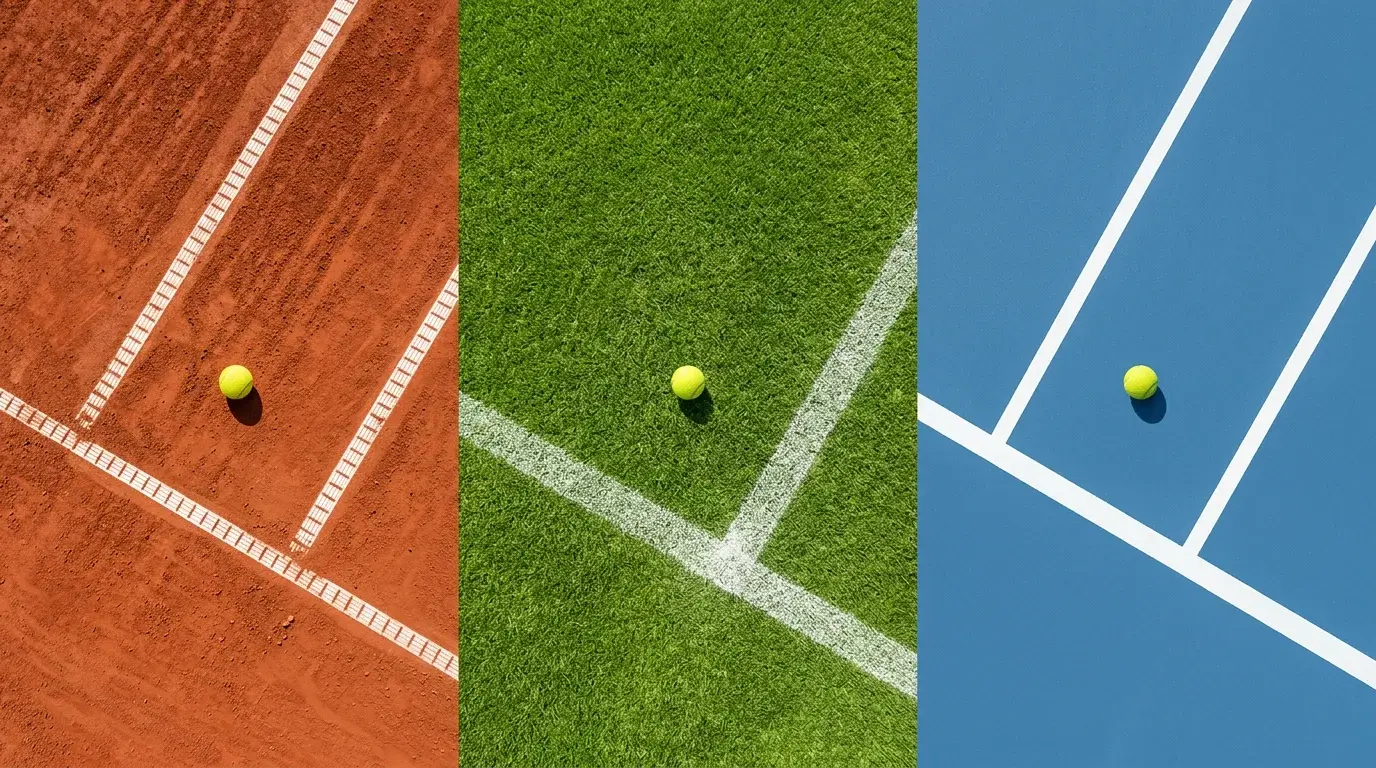 Drie tennisbanen naast elkaar met gravel gras en hardcourt