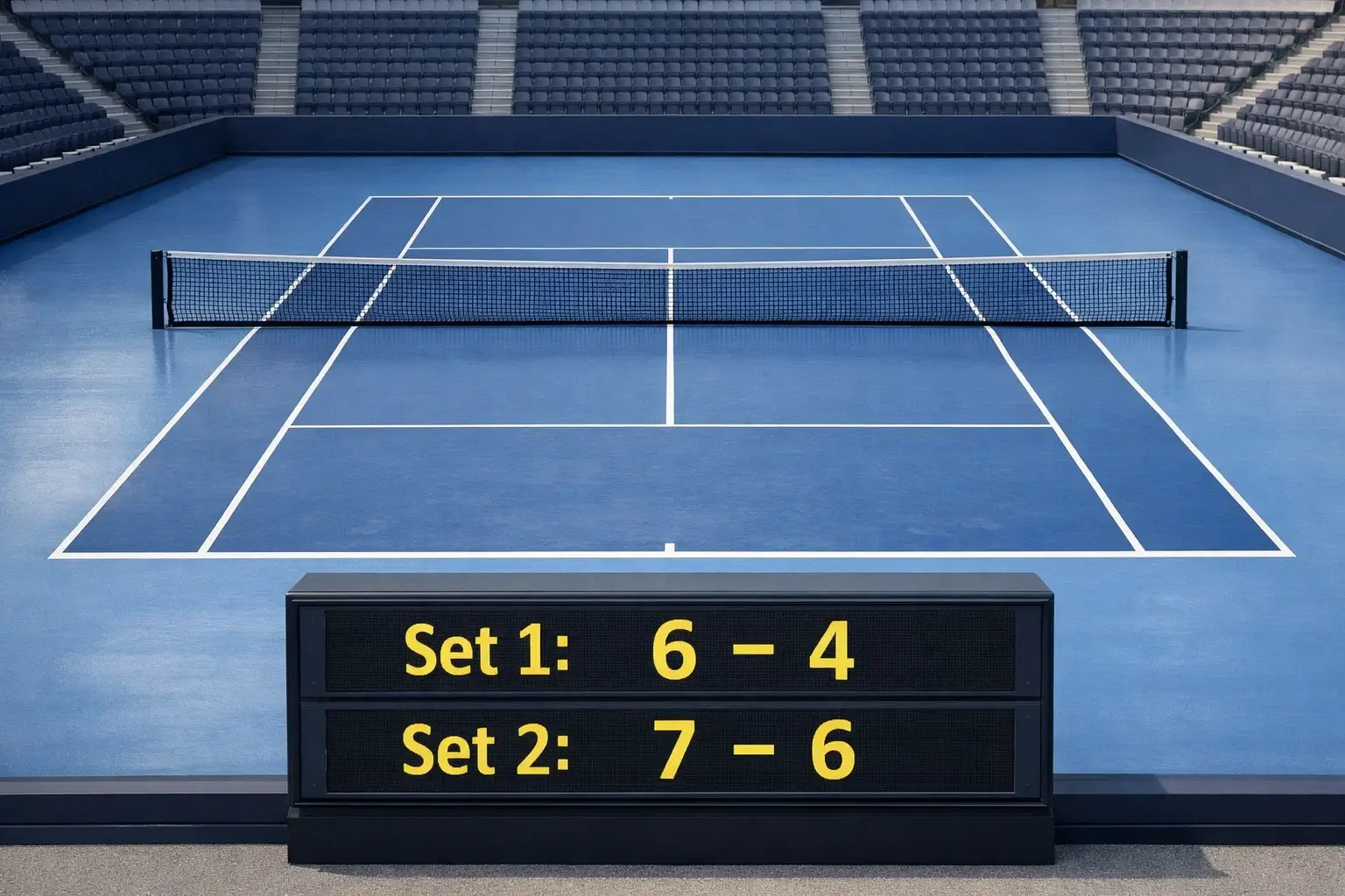 Tennisbaan met scorebord dat totaal aantal games toont