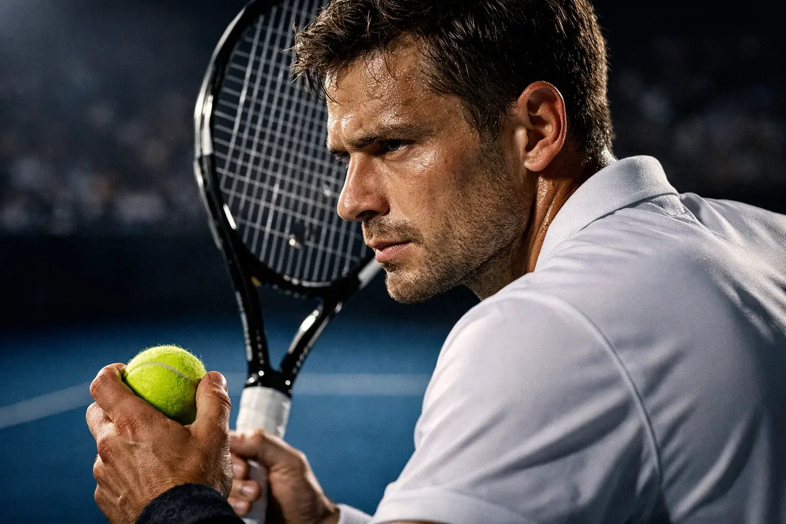 Tennisser concentreert zich tijdens service op hardcourt