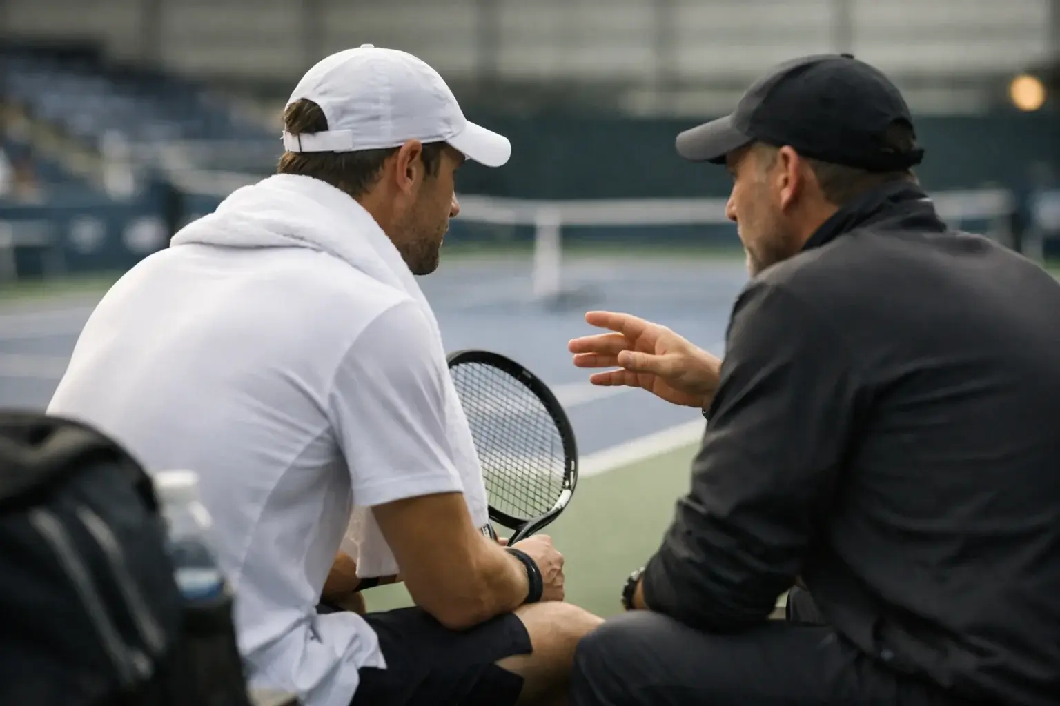 Tennisspeler analyseert tegenstander tijdens wissel met coach