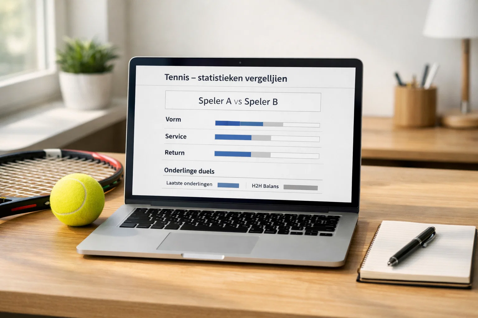 Laptop met tennisstatistieken en racket op bureau