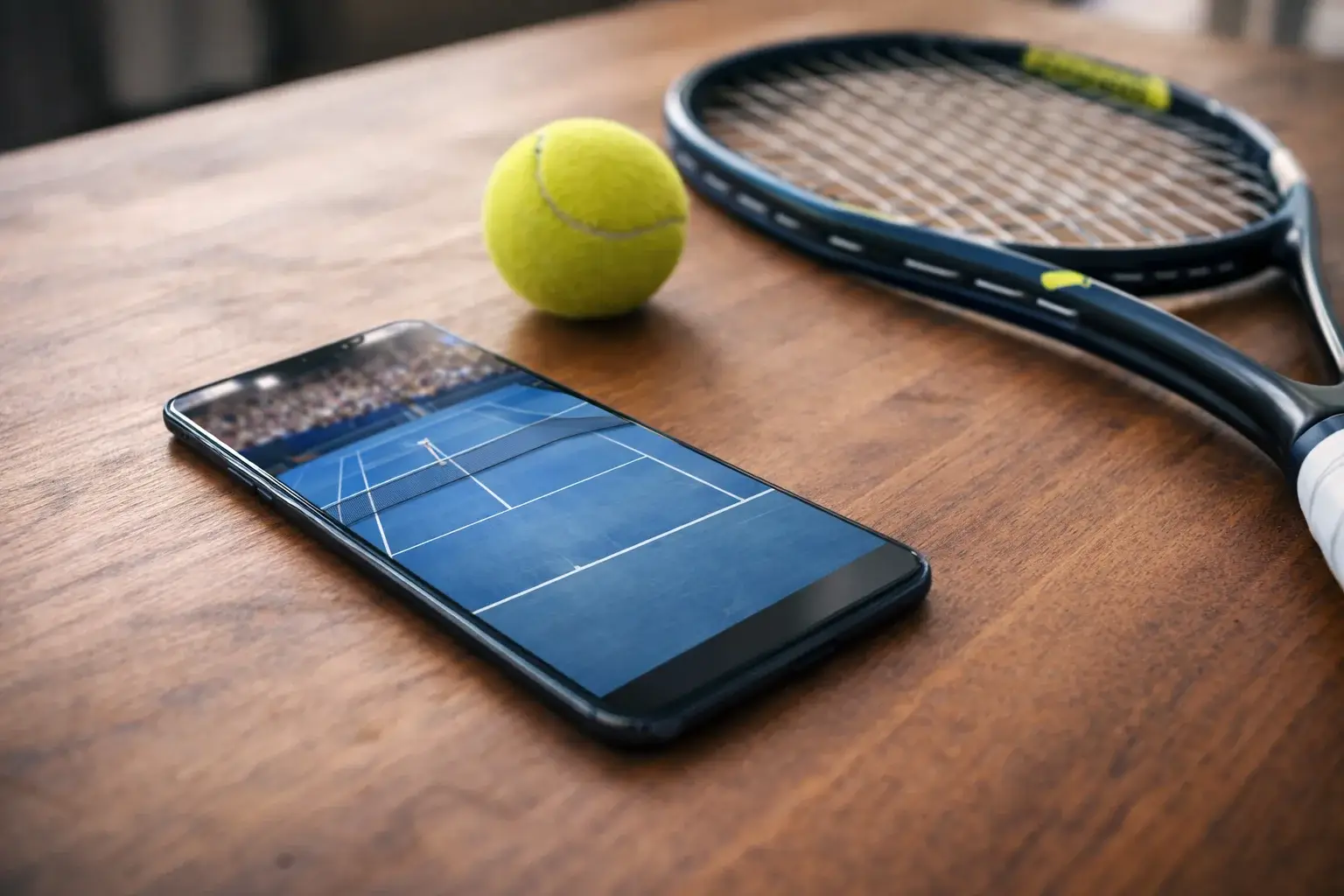 Smartphone met tennis op scherm naast racket