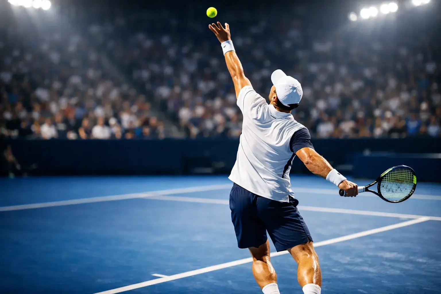 Professionele tennisspeler serveert op hardcourt tijdens toernooi