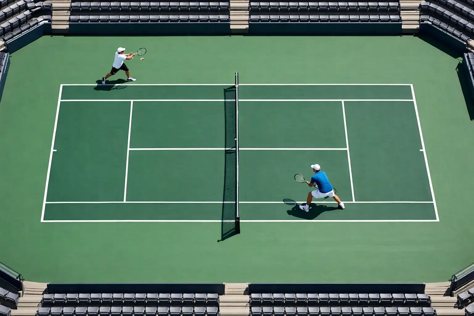 Luchtfoto van tennisbaan met spelers in actie tijdens rally
