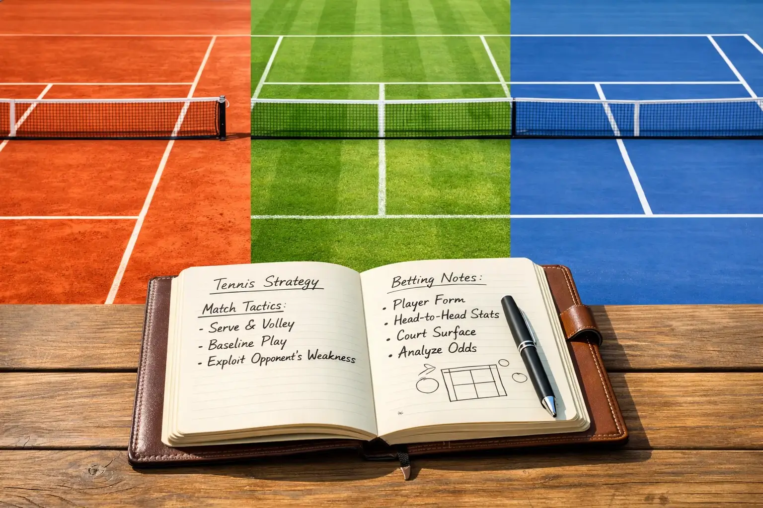 Tennisbaan met verschillende ondergronden en notitieblok