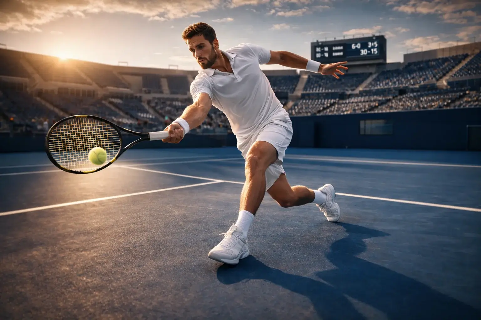 Tennisspeler slaat forehand op hardcourt met scorebord