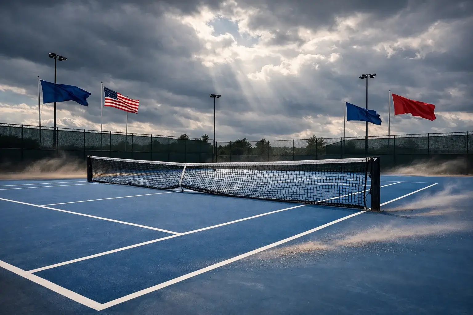 Tennisbaan onder bewolkte hemel met wapperende vlaggen