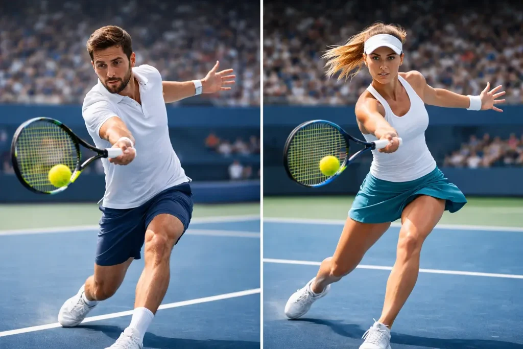 Mannelijke en vrouwelijke tennisser op split screen